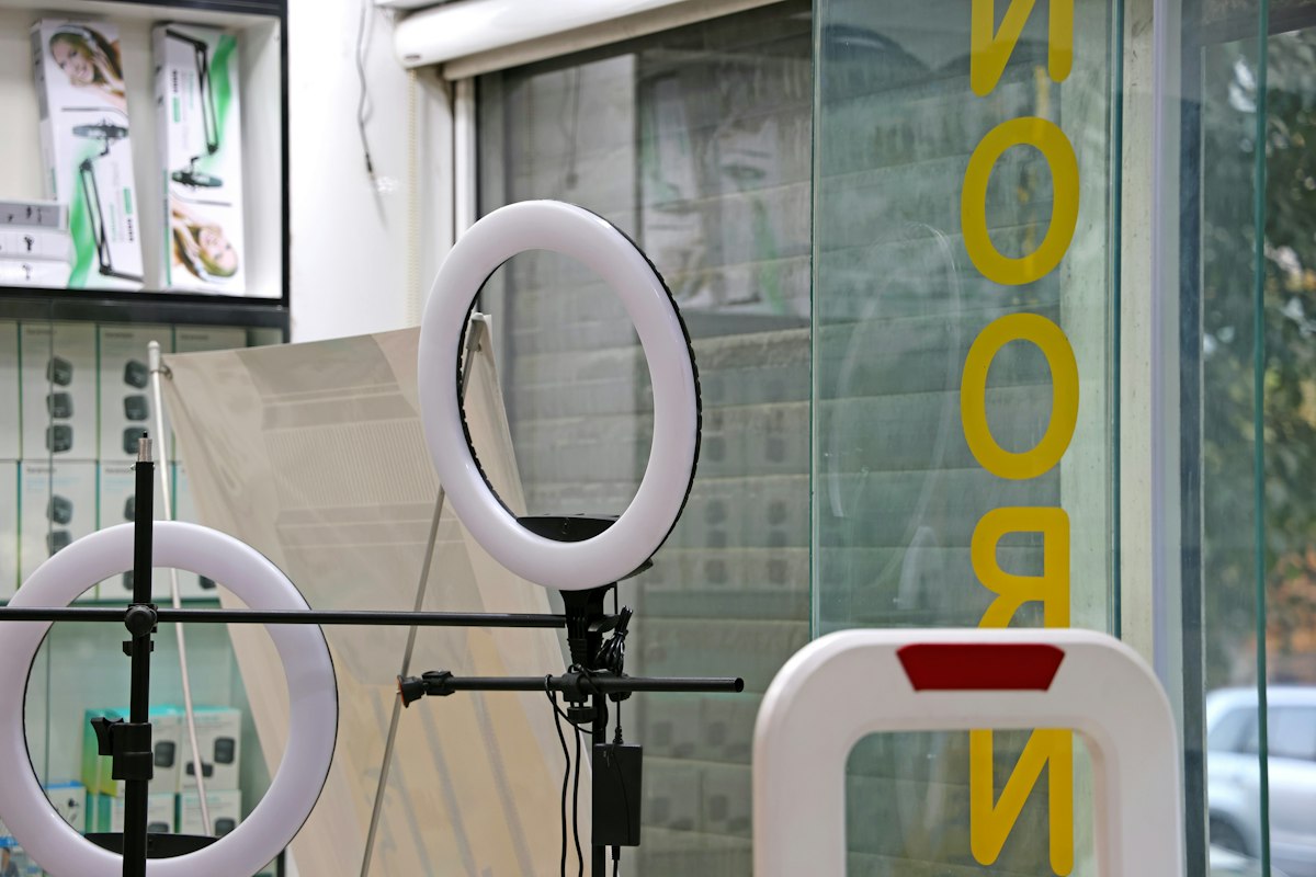 Lighting equipment and studio gear on display in a store